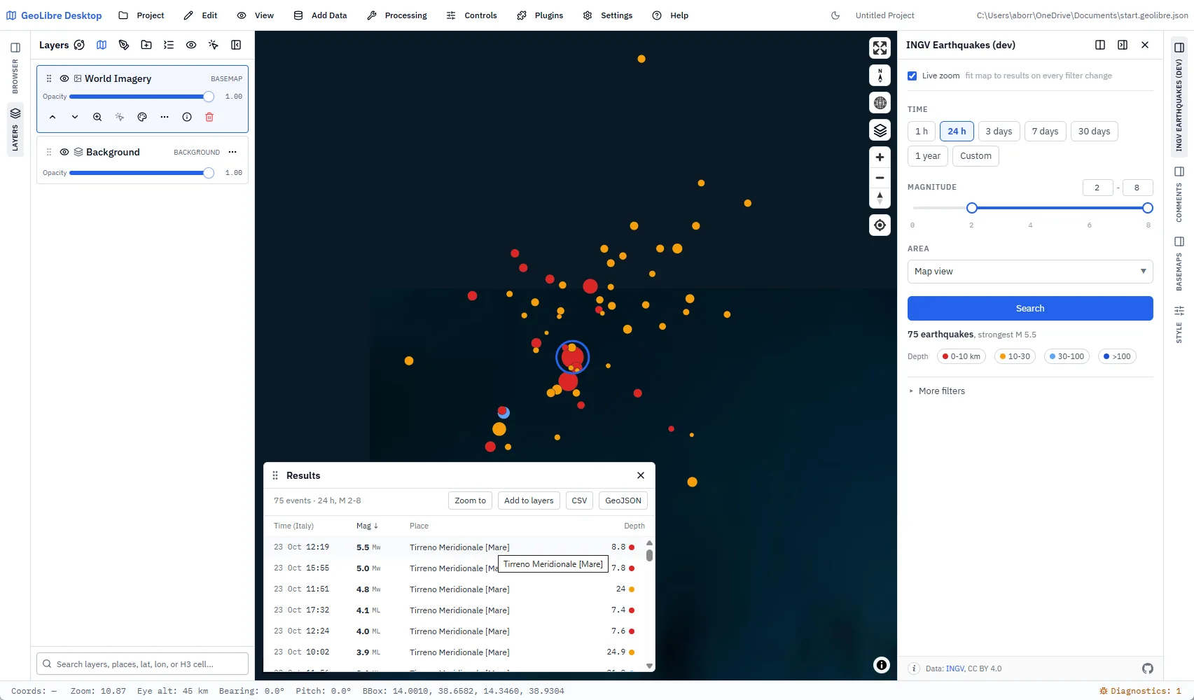 The results table, sorted by magnitude: the event under the pointer is ringed on the map.