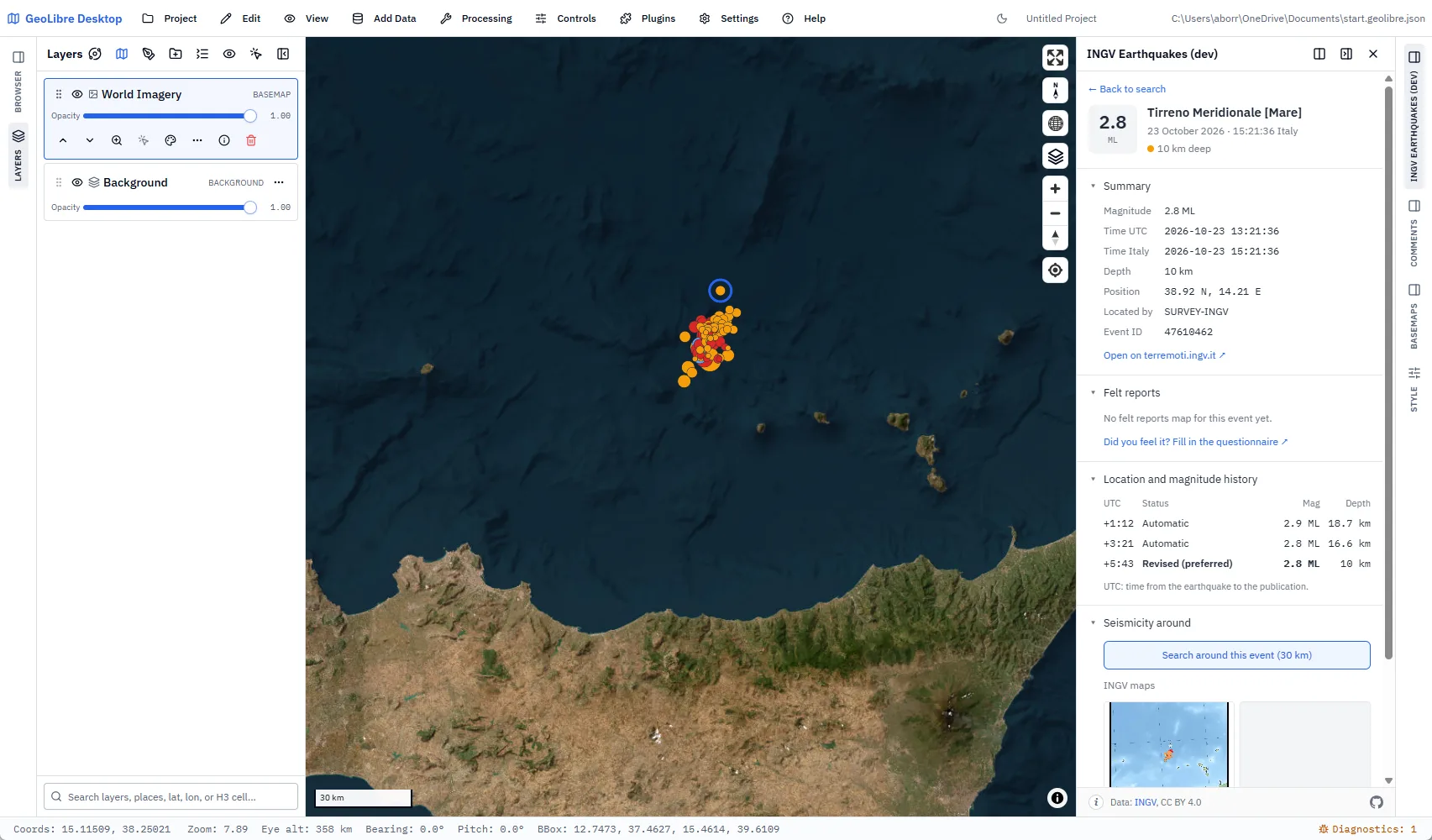 An event's detail: summary, felt reports, how location and magnitude changed after the first estimate, seismicity around.