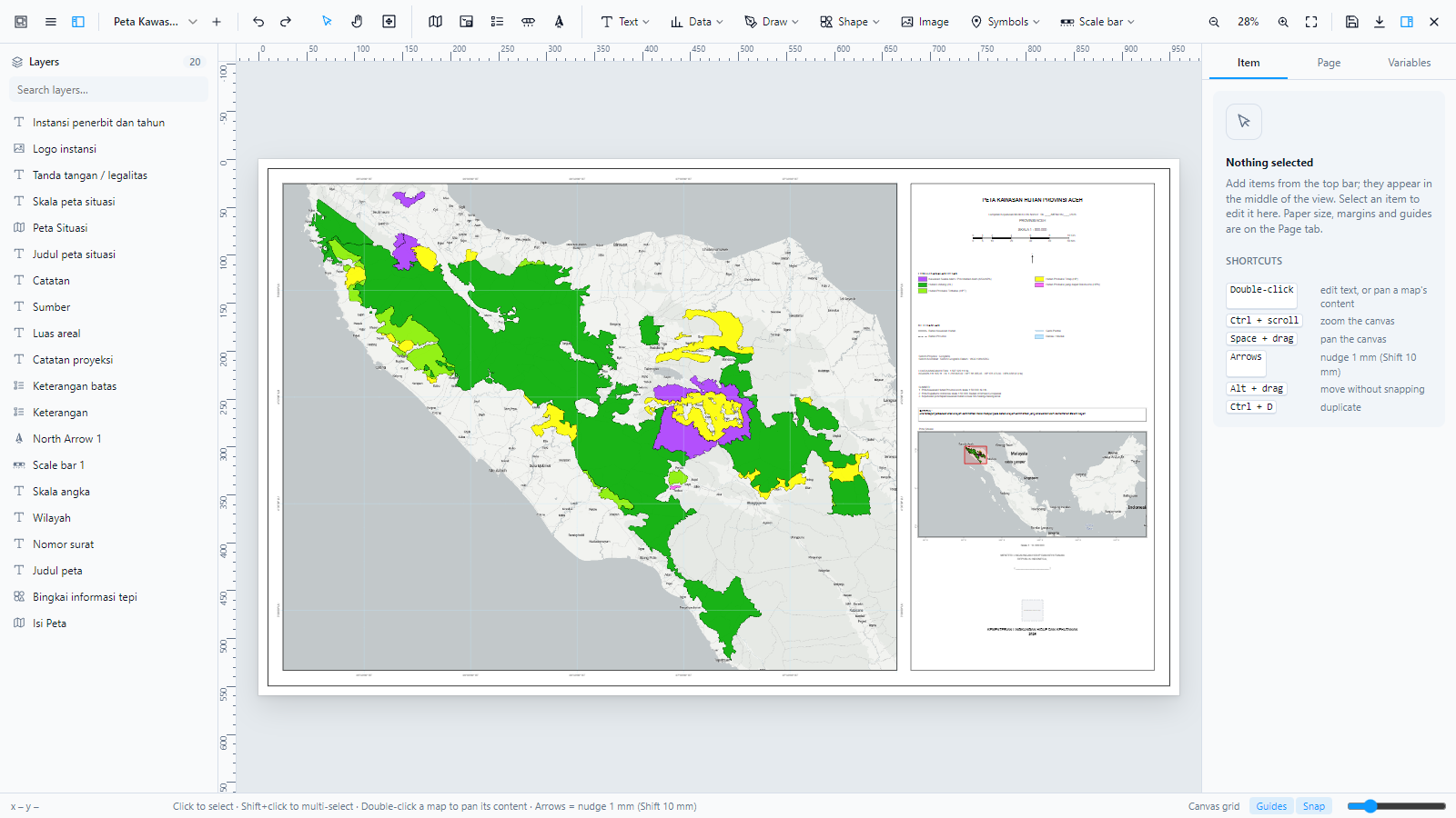 The Layout Composer editor with a forest-area map of Aceh